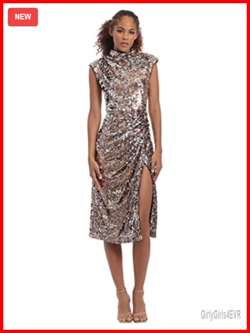 Sequin Mock Neck Midi Dress with Slit Cap Sleeve Formal Party